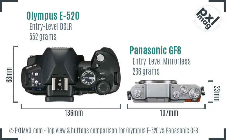 Olympus E-520 vs Panasonic GF8 top view buttons comparison