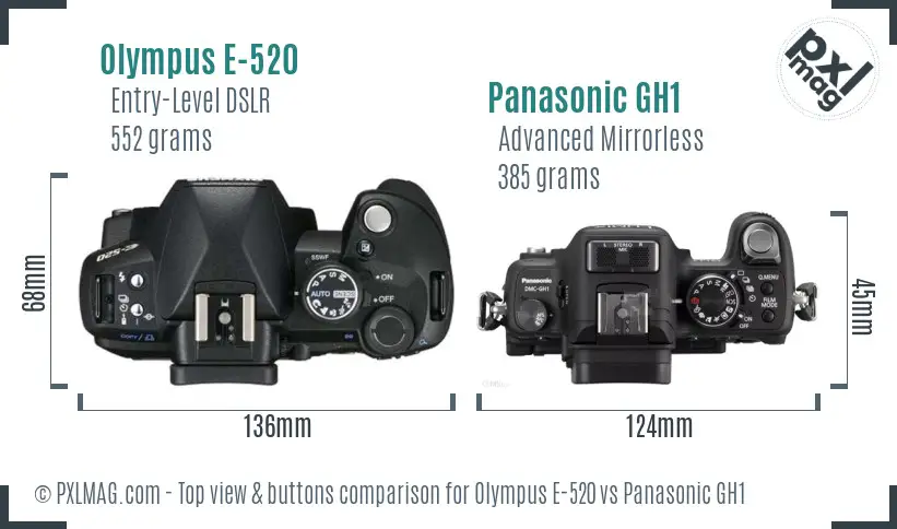 Olympus E-520 vs Panasonic GH1 top view buttons comparison