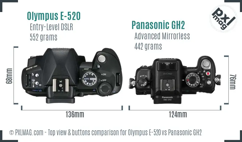 Olympus E-520 vs Panasonic GH2 top view buttons comparison