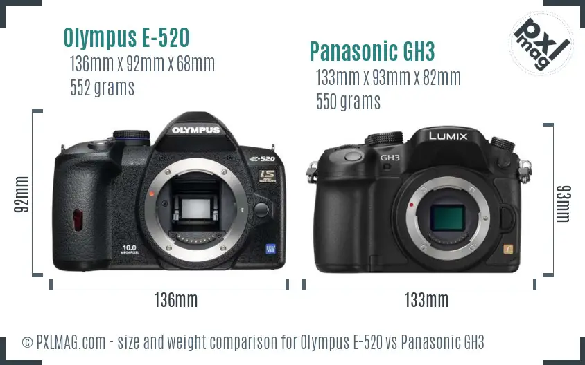 Olympus E-520 vs Panasonic GH3 size comparison