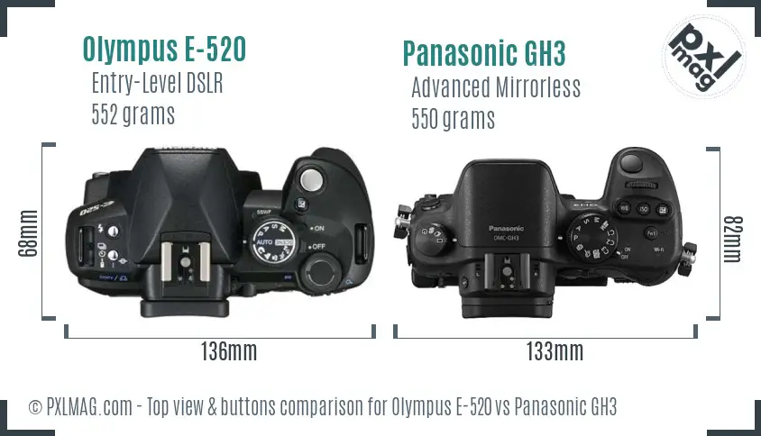 Olympus E-520 vs Panasonic GH3 top view buttons comparison