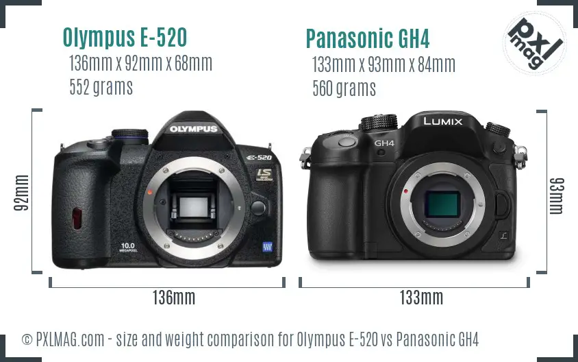 Olympus E-520 vs Panasonic GH4 size comparison