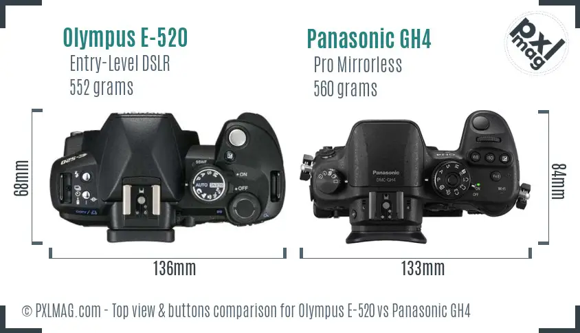 Olympus E-520 vs Panasonic GH4 top view buttons comparison