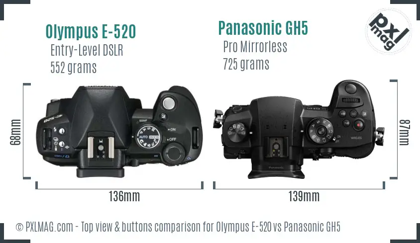 Olympus E-520 vs Panasonic GH5 top view buttons comparison