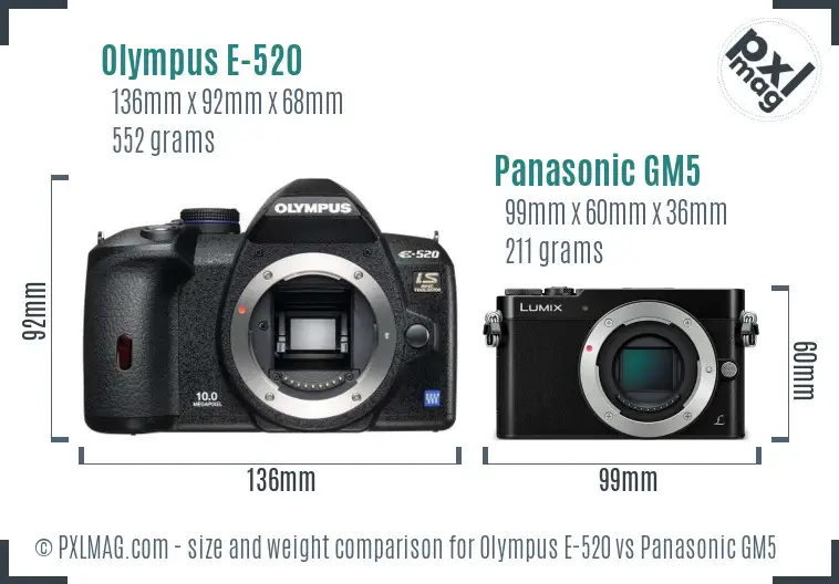 Olympus E-520 vs Panasonic GM5 size comparison