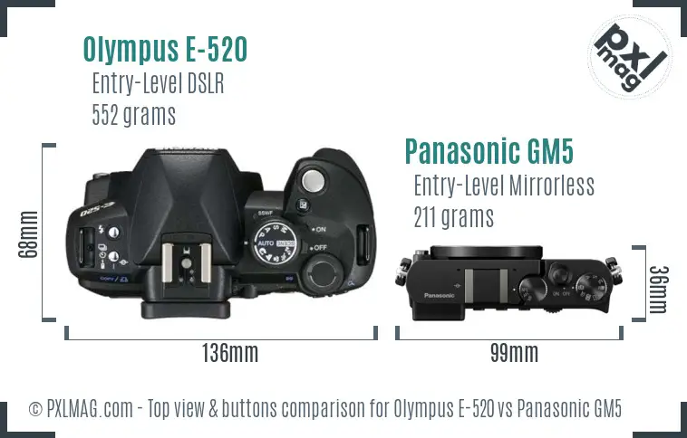 Olympus E-520 vs Panasonic GM5 top view buttons comparison