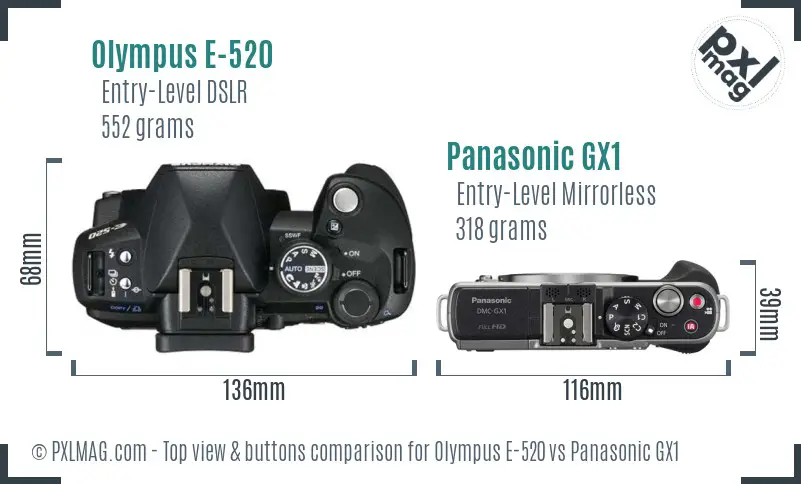 Olympus E-520 vs Panasonic GX1 top view buttons comparison