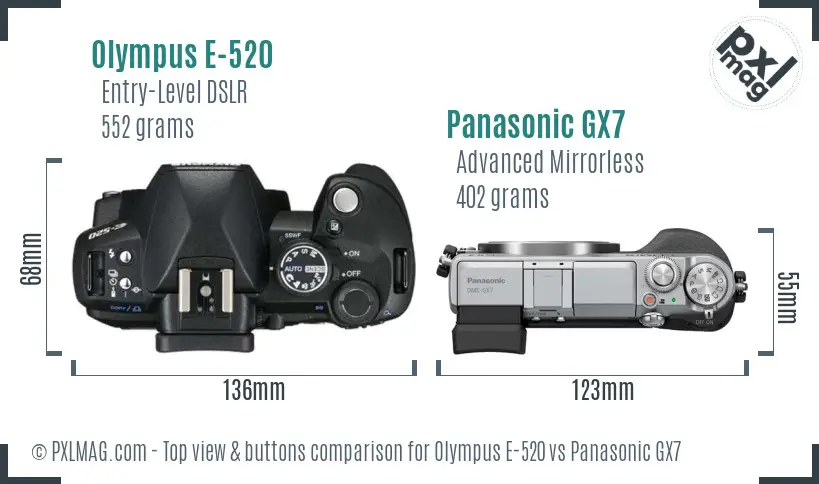 Olympus E-520 vs Panasonic GX7 top view buttons comparison