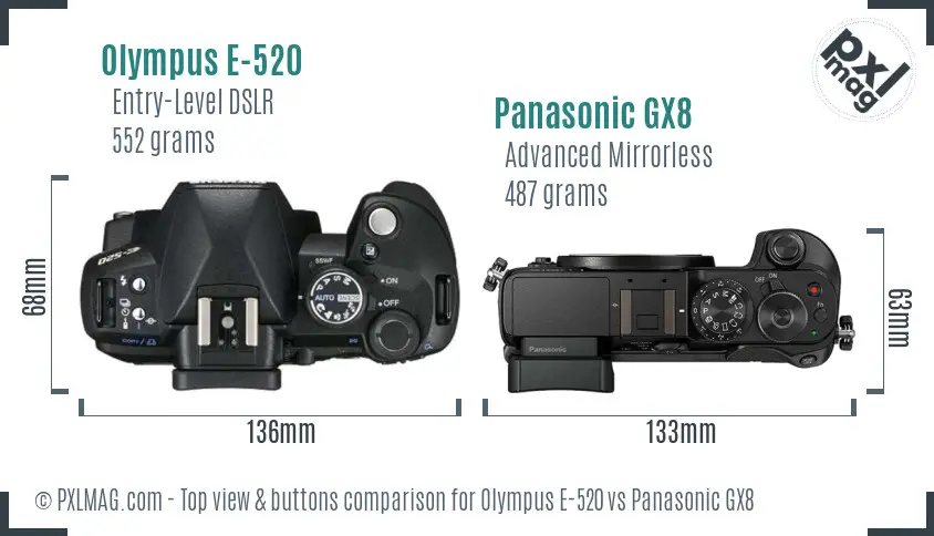 Olympus E-520 vs Panasonic GX8 top view buttons comparison