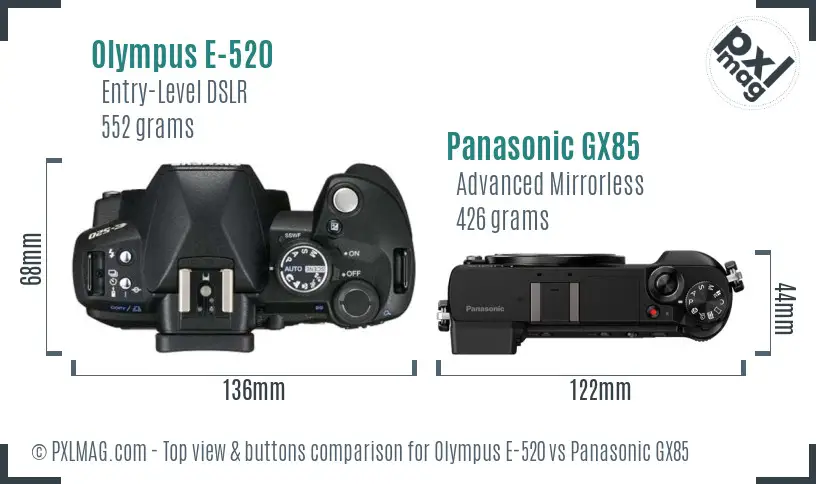 Olympus E-520 vs Panasonic GX85 top view buttons comparison