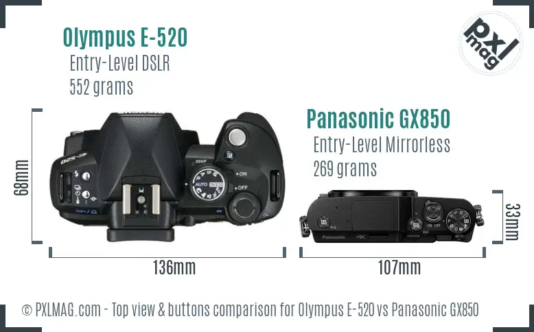 Olympus E-520 vs Panasonic GX850 top view buttons comparison