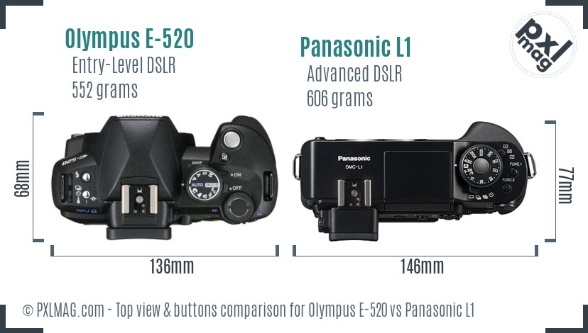 Olympus E-520 vs Panasonic L1 top view buttons comparison