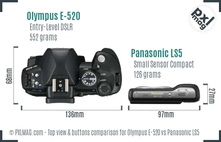 Olympus E-520 vs Panasonic LS5 top view buttons comparison