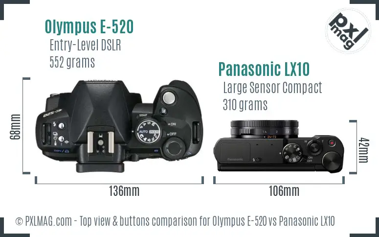 Olympus E-520 vs Panasonic LX10 top view buttons comparison