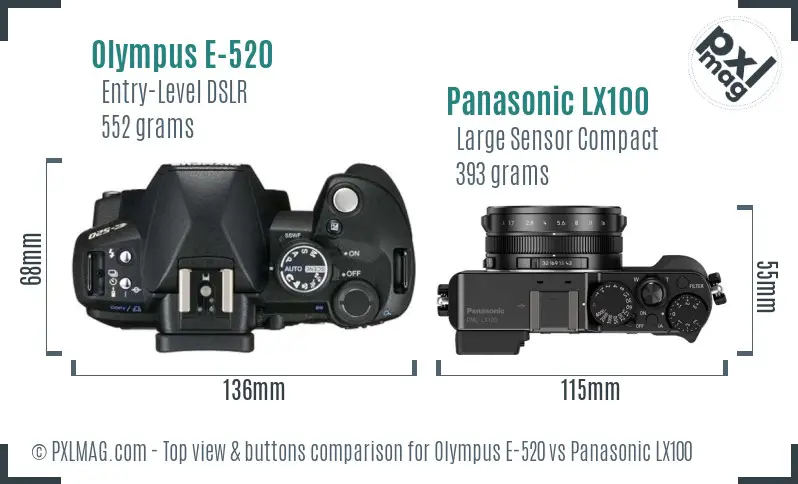 Olympus E-520 vs Panasonic LX100 top view buttons comparison