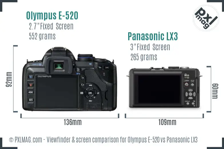 Olympus E-520 vs Panasonic LX3 Screen and Viewfinder comparison