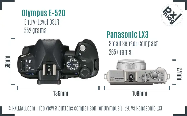 Olympus E-520 vs Panasonic LX3 top view buttons comparison