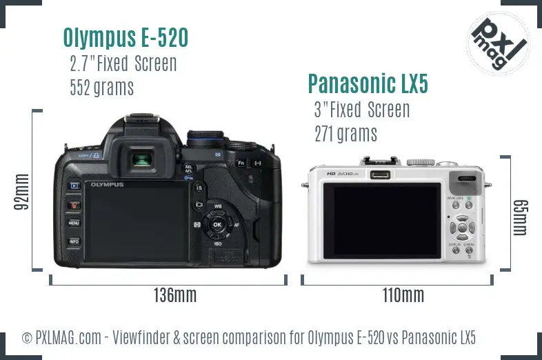 Olympus E-520 vs Panasonic LX5 Screen and Viewfinder comparison