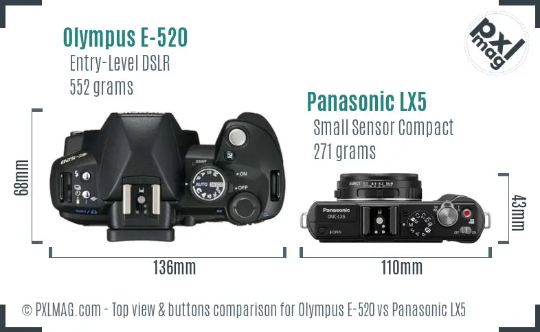 Olympus E-520 vs Panasonic LX5 top view buttons comparison