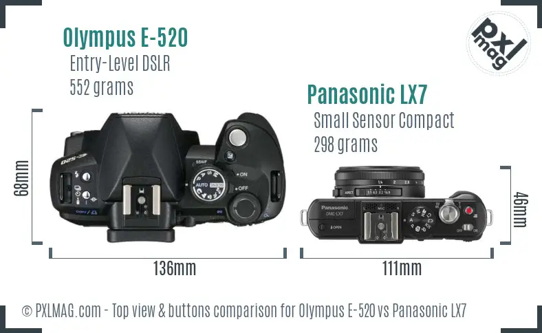 Olympus E-520 vs Panasonic LX7 top view buttons comparison