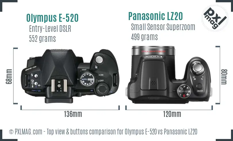 Olympus E-520 vs Panasonic LZ20 top view buttons comparison