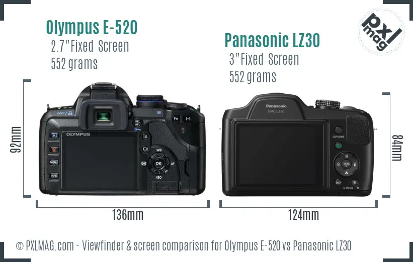 Olympus E-520 vs Panasonic LZ30 Screen and Viewfinder comparison