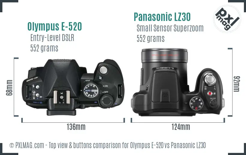 Olympus E-520 vs Panasonic LZ30 top view buttons comparison