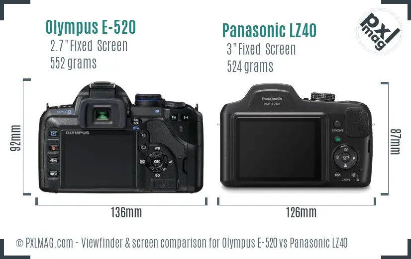 Olympus E-520 vs Panasonic LZ40 Screen and Viewfinder comparison