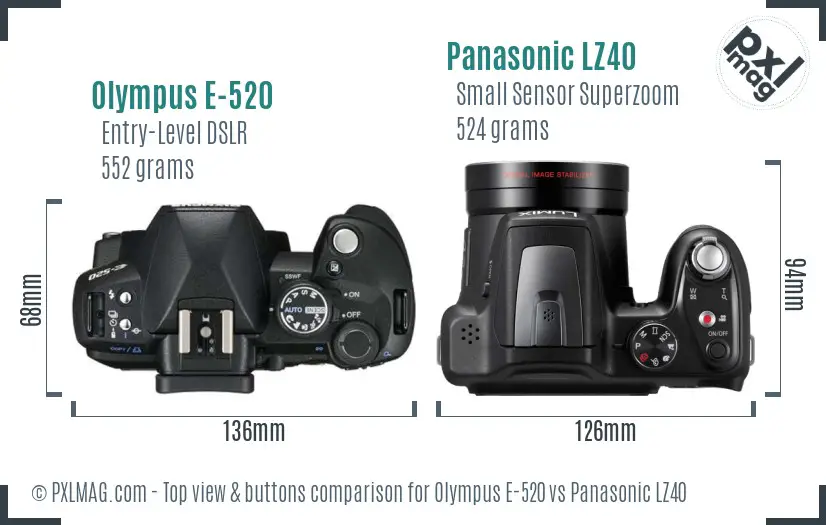 Olympus E-520 vs Panasonic LZ40 top view buttons comparison