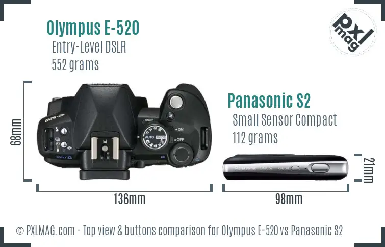 Olympus E-520 vs Panasonic S2 top view buttons comparison