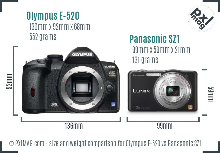 Olympus E-520 vs Panasonic SZ1 size comparison