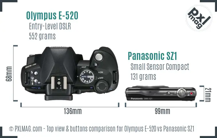 Olympus E-520 vs Panasonic SZ1 top view buttons comparison