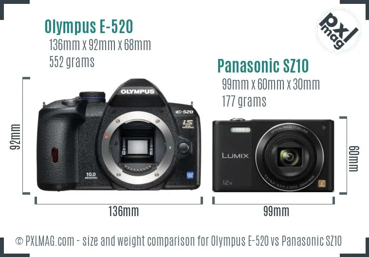 Olympus E-520 vs Panasonic SZ10 size comparison