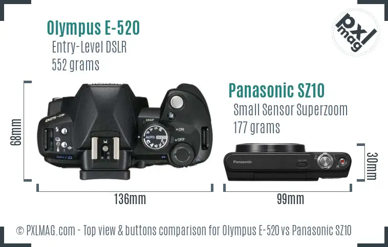 Olympus E-520 vs Panasonic SZ10 top view buttons comparison