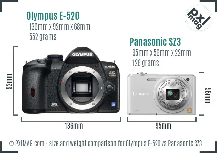 Olympus E-520 vs Panasonic SZ3 size comparison