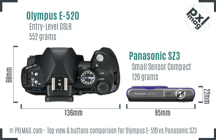 Olympus E-520 vs Panasonic SZ3 top view buttons comparison