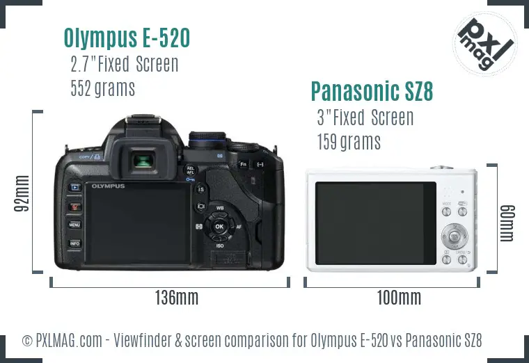 Olympus E-520 vs Panasonic SZ8 Screen and Viewfinder comparison