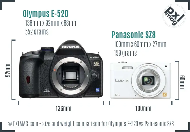 Olympus E-520 vs Panasonic SZ8 size comparison