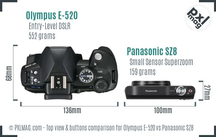 Olympus E-520 vs Panasonic SZ8 top view buttons comparison