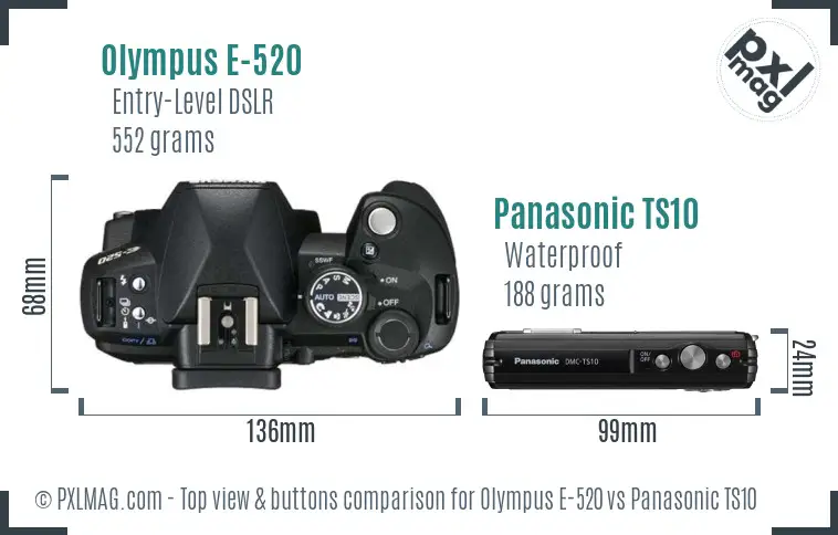 Olympus E-520 vs Panasonic TS10 top view buttons comparison