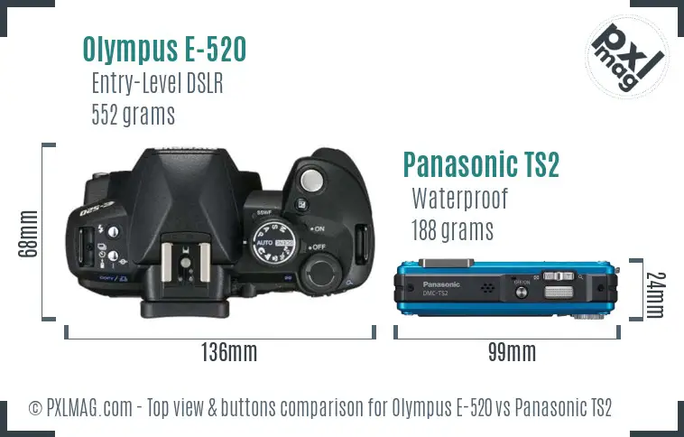 Olympus E-520 vs Panasonic TS2 top view buttons comparison