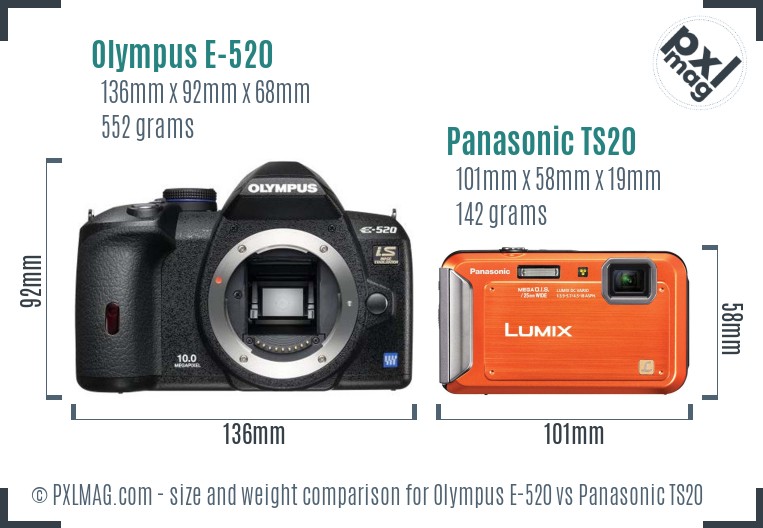 Olympus E-520 vs Panasonic TS20 size comparison