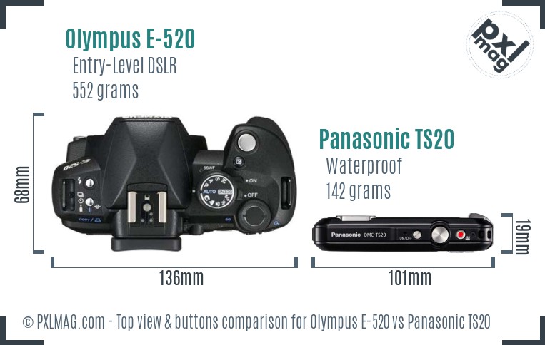 Olympus E-520 vs Panasonic TS20 top view buttons comparison