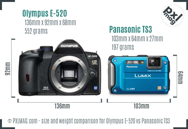 Olympus E-520 vs Panasonic TS3 size comparison