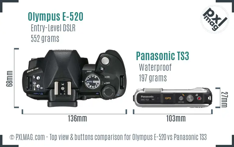 Olympus E-520 vs Panasonic TS3 top view buttons comparison