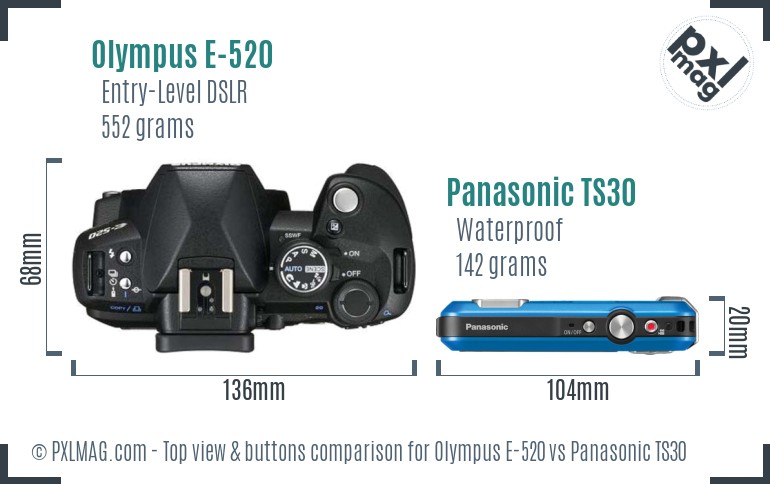 Olympus E-520 vs Panasonic TS30 top view buttons comparison