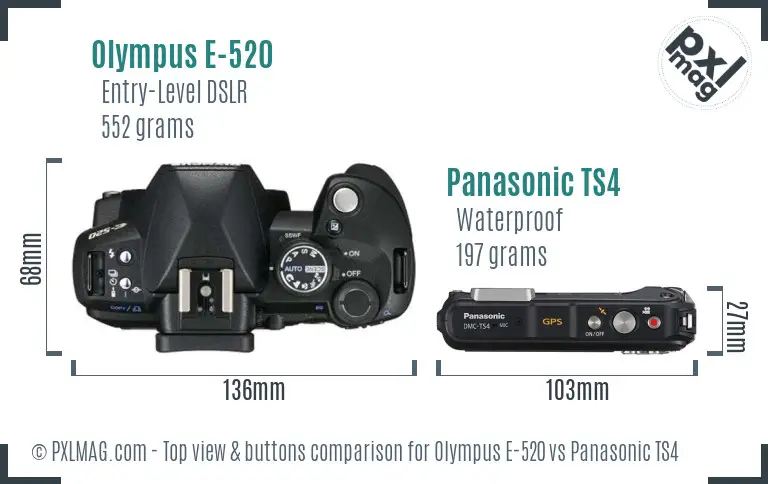 Olympus E-520 vs Panasonic TS4 top view buttons comparison