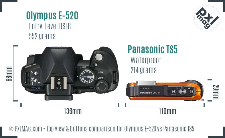 Olympus E-520 vs Panasonic TS5 top view buttons comparison