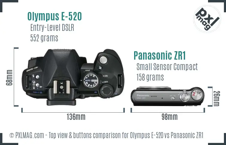 Olympus E-520 vs Panasonic ZR1 top view buttons comparison
