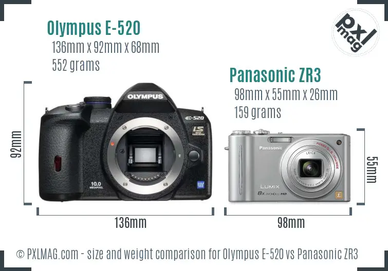 Olympus E-520 vs Panasonic ZR3 size comparison